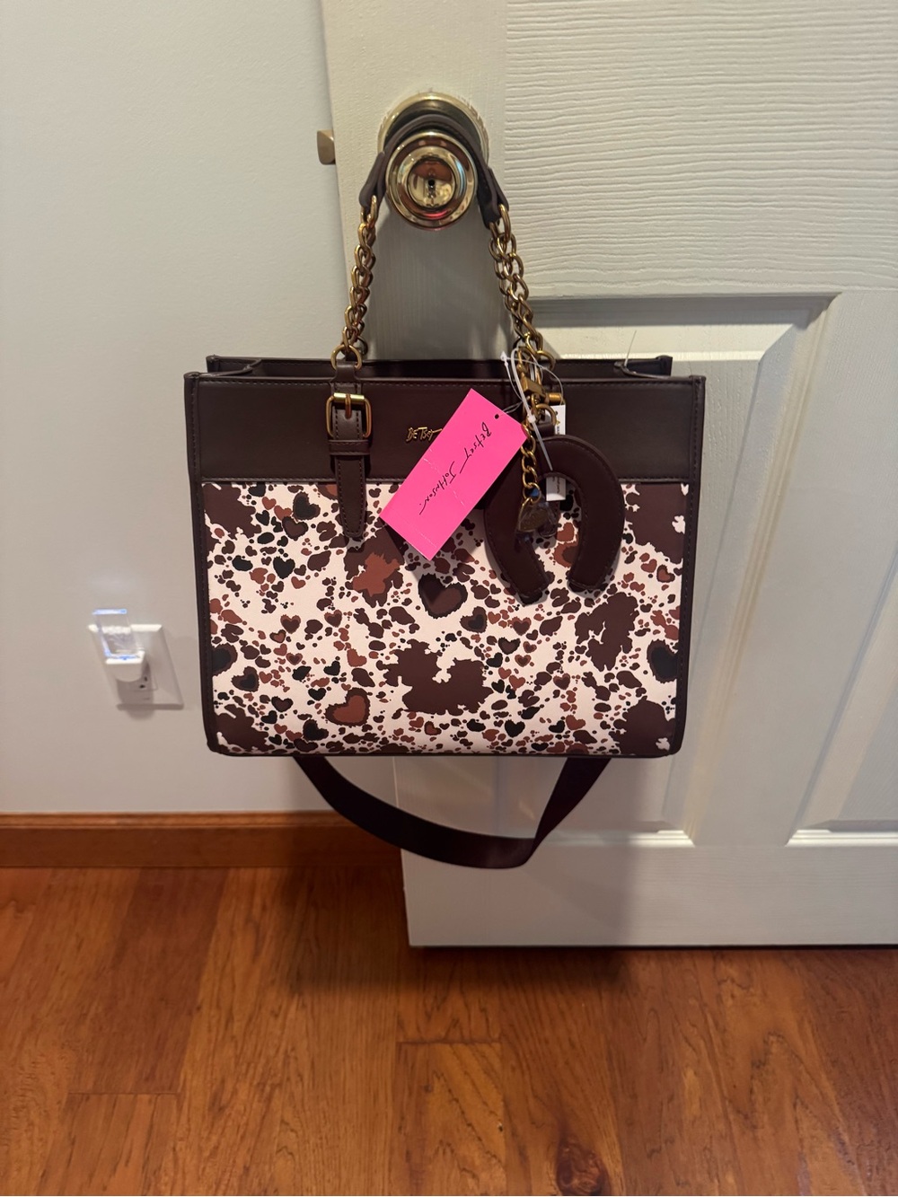 BETSEY JOHNSON XOBECA-U BROWN & CREAM COWHIDE LARGE SATCHEL NEW